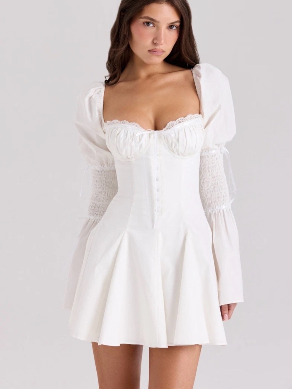 House Of CB Ellerie White Cotton Flute Sleeve Mini Dress Size Small